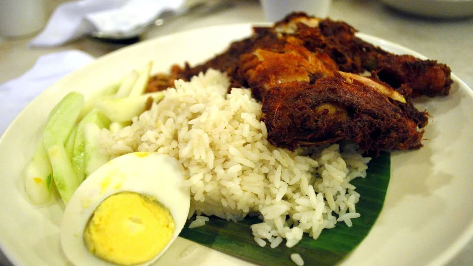 Village Park’s nasi lemak with fried chicken, egg, cucumber and sambal.